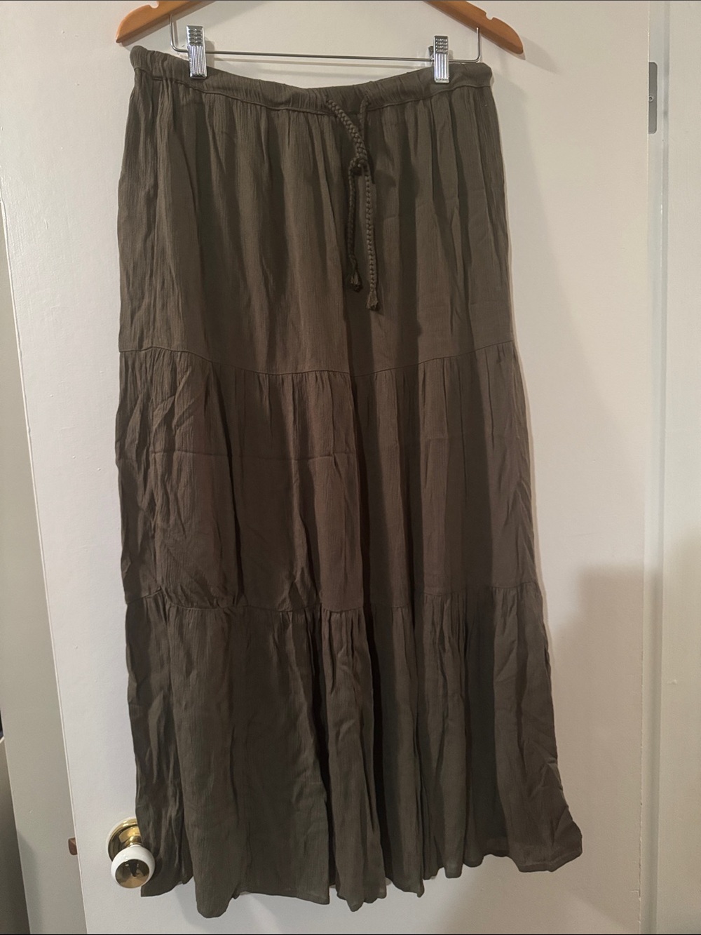 Simons Olive Tiered Gauze Maxi Skirt with Drawstring